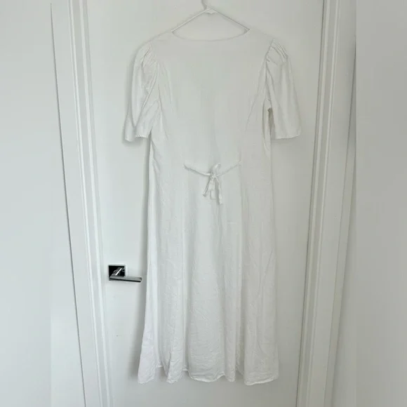 Reformation 12 White Newbury Linen Midi Dress V Neck Short Sleeves